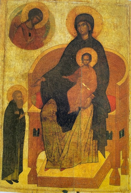 Our Lady Enthroned with Archangel Gabriel and St. Sergius of Radoneh, 15th Century
